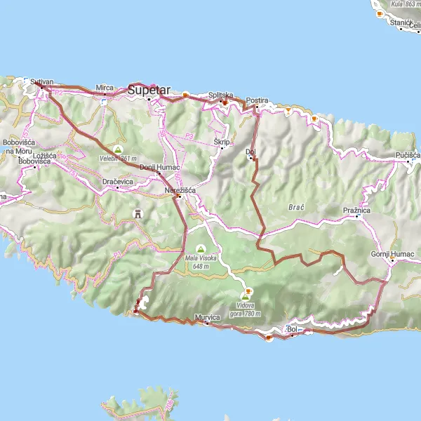 Map miniature of "Coastal Beauty" cycling inspiration in Jadranska Hrvatska, Croatia. Generated by Tarmacs.app cycling route planner