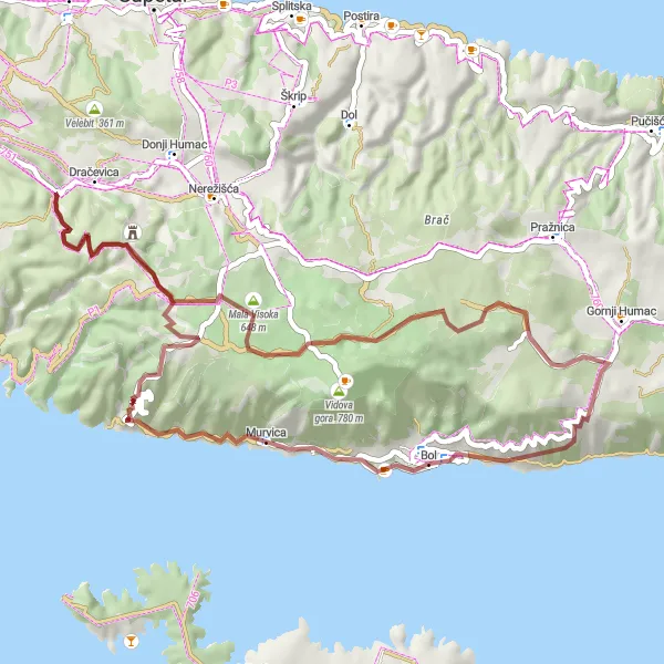Map miniature of "Off-Road Excursion near Bol" cycling inspiration in Jadranska Hrvatska, Croatia. Generated by Tarmacs.app cycling route planner