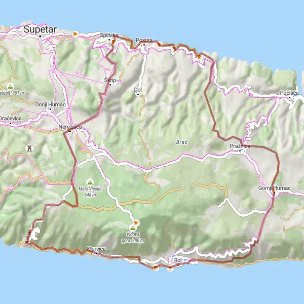 Map miniature of "Exploring Bol's Gravel Trails" cycling inspiration in Jadranska Hrvatska, Croatia. Generated by Tarmacs.app cycling route planner