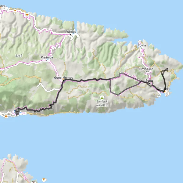 Map miniature of "The Istrian Hills Loop" cycling inspiration in Jadranska Hrvatska, Croatia. Generated by Tarmacs.app cycling route planner