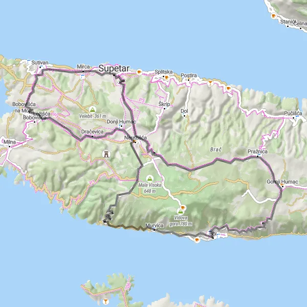 Map miniature of "The Coastal Delights" cycling inspiration in Jadranska Hrvatska, Croatia. Generated by Tarmacs.app cycling route planner