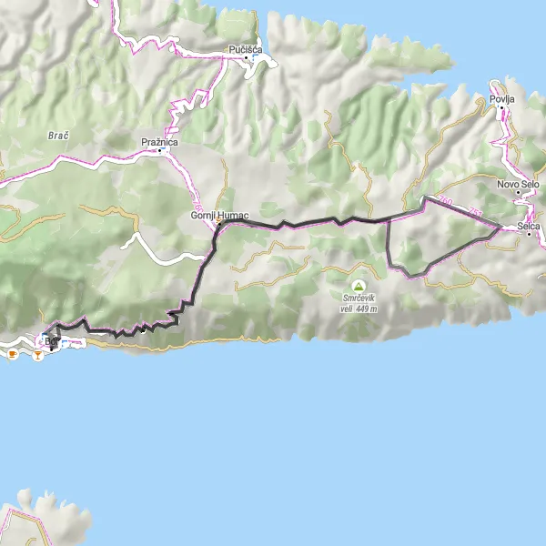 Map miniature of "Scenic Road Cycling near Bol" cycling inspiration in Jadranska Hrvatska, Croatia. Generated by Tarmacs.app cycling route planner
