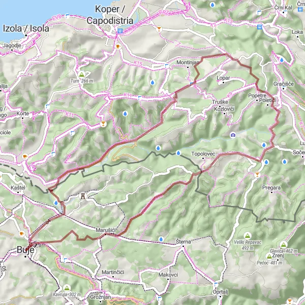 Map miniature of "Buje - Jazbine Gravel Adventure" cycling inspiration in Jadranska Hrvatska, Croatia. Generated by Tarmacs.app cycling route planner