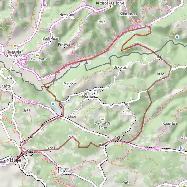 Map miniature of "Buje - Dovin Gravel Exploration" cycling inspiration in Jadranska Hrvatska, Croatia. Generated by Tarmacs.app cycling route planner