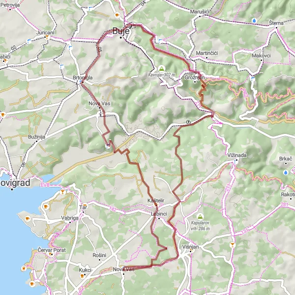 Map miniature of "Buje - Kavruja Gravel Adventure" cycling inspiration in Jadranska Hrvatska, Croatia. Generated by Tarmacs.app cycling route planner