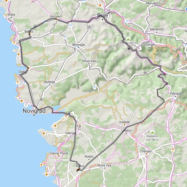 Map miniature of "Road to Adventure" cycling inspiration in Jadranska Hrvatska, Croatia. Generated by Tarmacs.app cycling route planner