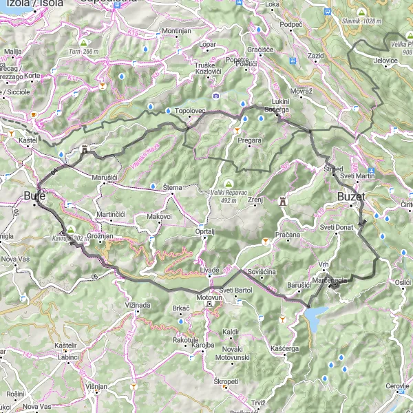 Map miniature of "Buje - Bijele Zemlje Extended Loop" cycling inspiration in Jadranska Hrvatska, Croatia. Generated by Tarmacs.app cycling route planner