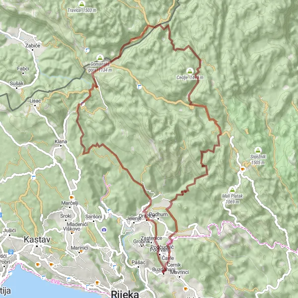 Map miniature of "Thrilling Gravel Challenge to Čudnić" cycling inspiration in Jadranska Hrvatska, Croatia. Generated by Tarmacs.app cycling route planner
