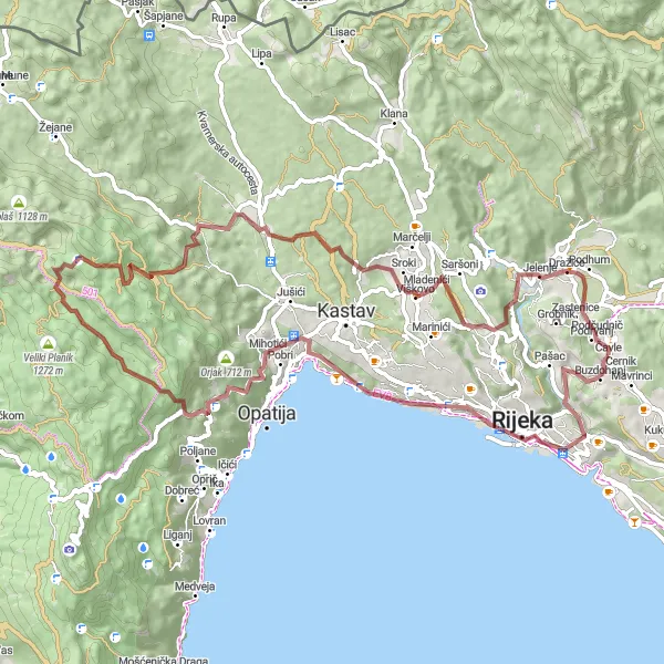 Map miniature of "Scenic Gravel Loop to Dražice" cycling inspiration in Jadranska Hrvatska, Croatia. Generated by Tarmacs.app cycling route planner