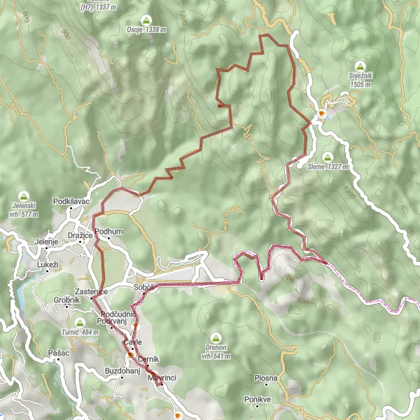 Map miniature of "Gravel Adventure to Buzdohanj and Back" cycling inspiration in Jadranska Hrvatska, Croatia. Generated by Tarmacs.app cycling route planner