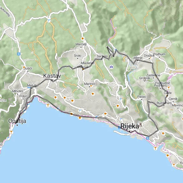 Map miniature of "Opatija Challenge" cycling inspiration in Jadranska Hrvatska, Croatia. Generated by Tarmacs.app cycling route planner