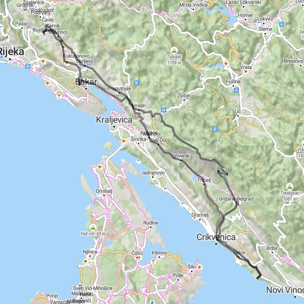 Map miniature of "Tribalj Adventure" cycling inspiration in Jadranska Hrvatska, Croatia. Generated by Tarmacs.app cycling route planner