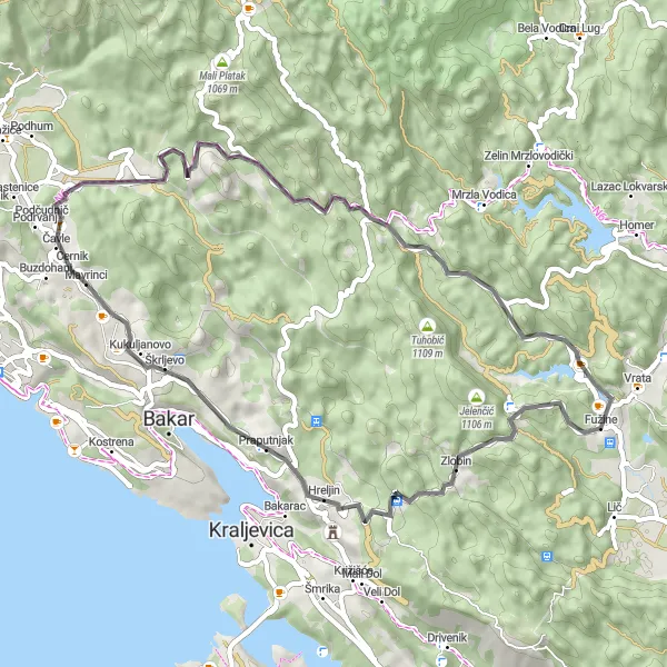 Map miniature of "Road Cycling Adventure to Golubinka" cycling inspiration in Jadranska Hrvatska, Croatia. Generated by Tarmacs.app cycling route planner