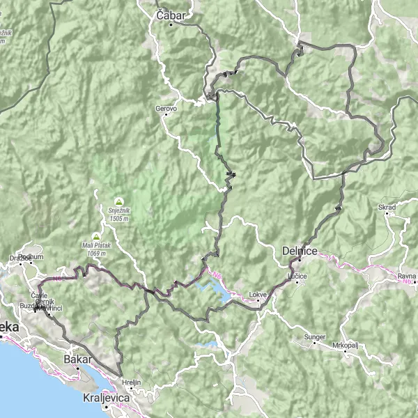 Map miniature of "Buzdohanj Loop" cycling inspiration in Jadranska Hrvatska, Croatia. Generated by Tarmacs.app cycling route planner