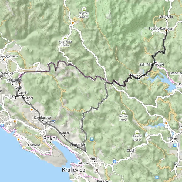 Map miniature of "Glog Loop" cycling inspiration in Jadranska Hrvatska, Croatia. Generated by Tarmacs.app cycling route planner