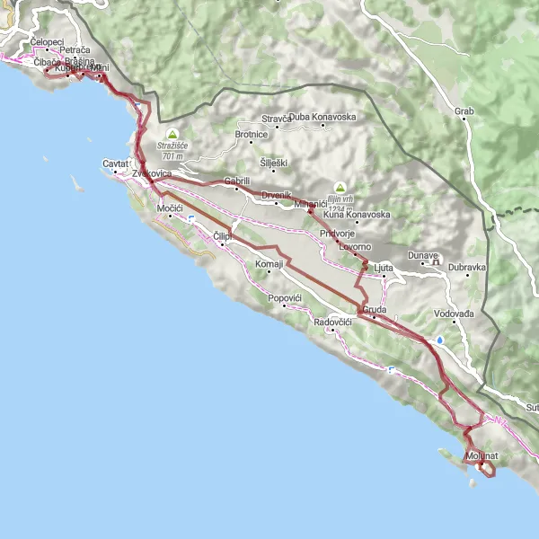 Map miniature of "Cibača Gravel Adventure" cycling inspiration in Jadranska Hrvatska, Croatia. Generated by Tarmacs.app cycling route planner