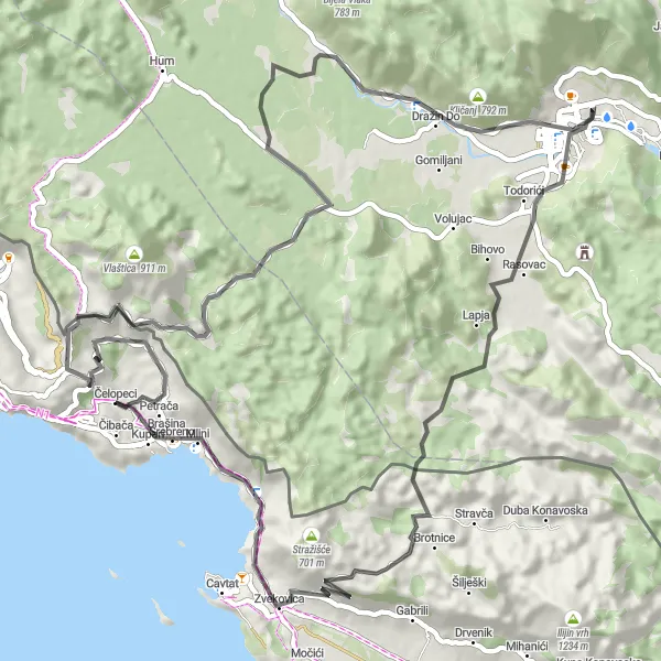 Map miniature of "Road Route to Čibača and Back" cycling inspiration in Jadranska Hrvatska, Croatia. Generated by Tarmacs.app cycling route planner