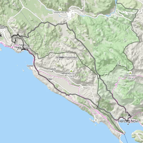 Map miniature of "Scenic Road Cycling Route to Čibača" cycling inspiration in Jadranska Hrvatska, Croatia. Generated by Tarmacs.app cycling route planner