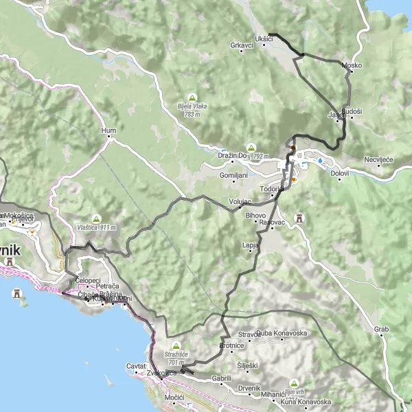 Map miniature of "The Grand Cycling Tour of Jadranska Hrvatska" cycling inspiration in Jadranska Hrvatska, Croatia. Generated by Tarmacs.app cycling route planner