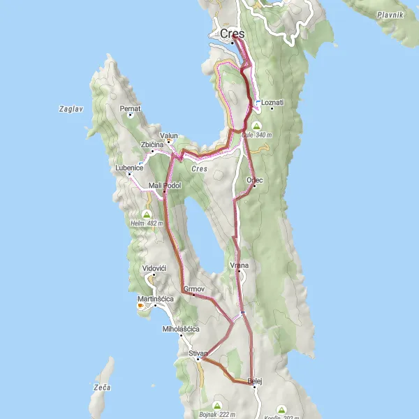 Map miniature of "Mountain ridges and hidden valleys" cycling inspiration in Jadranska Hrvatska, Croatia. Generated by Tarmacs.app cycling route planner