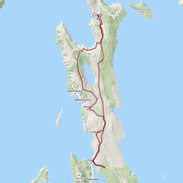 Map miniature of "Traverse Gravel and Discover Valun and Carpe Diem" cycling inspiration in Jadranska Hrvatska, Croatia. Generated by Tarmacs.app cycling route planner