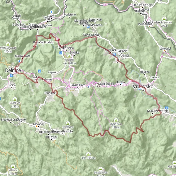Map miniature of "The Delnice Gravel Adventure" cycling inspiration in Jadranska Hrvatska, Croatia. Generated by Tarmacs.app cycling route planner