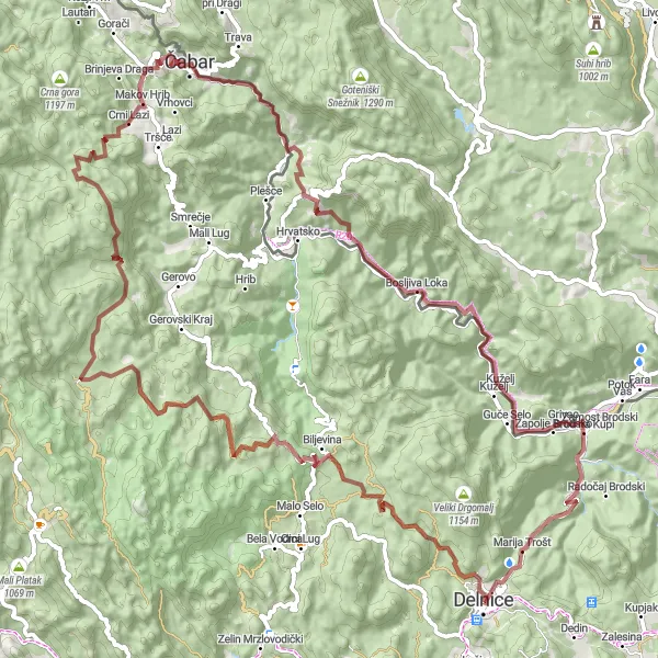 Map miniature of "Gravel Tour through Japlenški vrh and Črni vrh" cycling inspiration in Jadranska Hrvatska, Croatia. Generated by Tarmacs.app cycling route planner