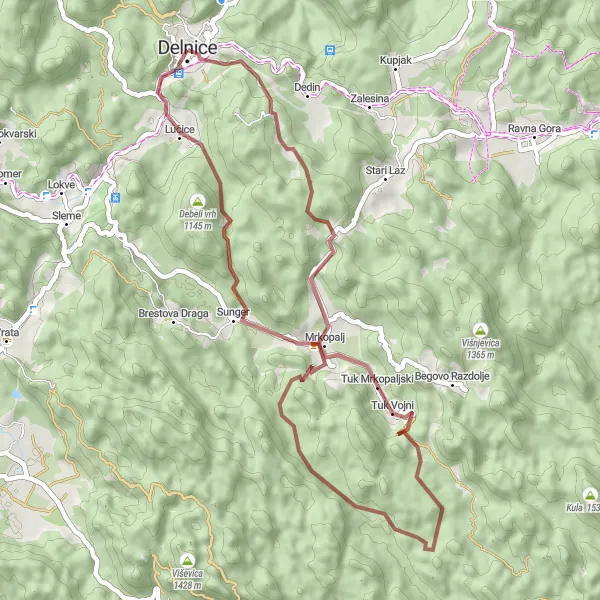 Map miniature of "Scenic Gravel Route to Rački vrh and Delnice" cycling inspiration in Jadranska Hrvatska, Croatia. Generated by Tarmacs.app cycling route planner