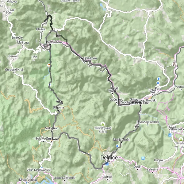Map miniature of "Road Cycling Adventure to Japlenški vrh and Črni vrh" cycling inspiration in Jadranska Hrvatska, Croatia. Generated by Tarmacs.app cycling route planner