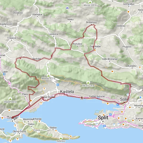 Map miniature of "Trogir Gravel Adventure" cycling inspiration in Jadranska Hrvatska, Croatia. Generated by Tarmacs.app cycling route planner