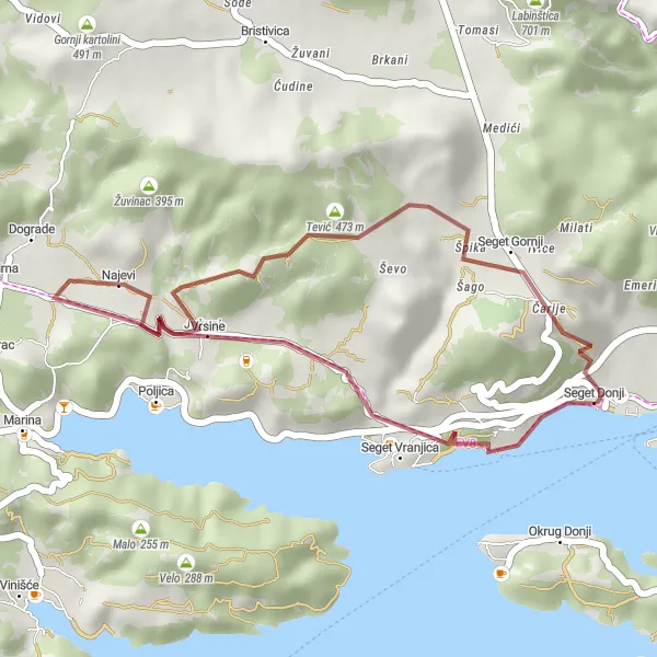 Map miniature of "Gravel Paradise near Donji Seget" cycling inspiration in Jadranska Hrvatska, Croatia. Generated by Tarmacs.app cycling route planner