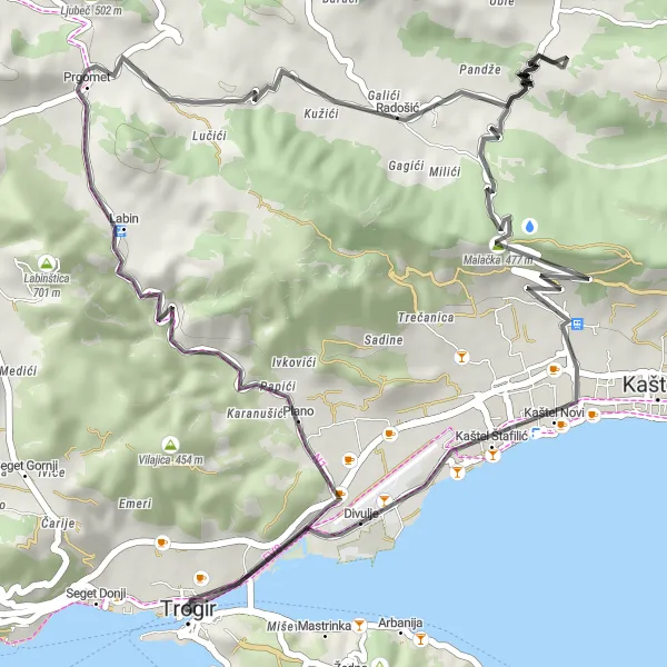 Map miniature of "Donji Seget Highlights Ride" cycling inspiration in Jadranska Hrvatska, Croatia. Generated by Tarmacs.app cycling route planner