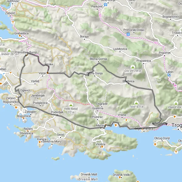 Map miniature of "Scenic Loop around Donji Seget" cycling inspiration in Jadranska Hrvatska, Croatia. Generated by Tarmacs.app cycling route planner
