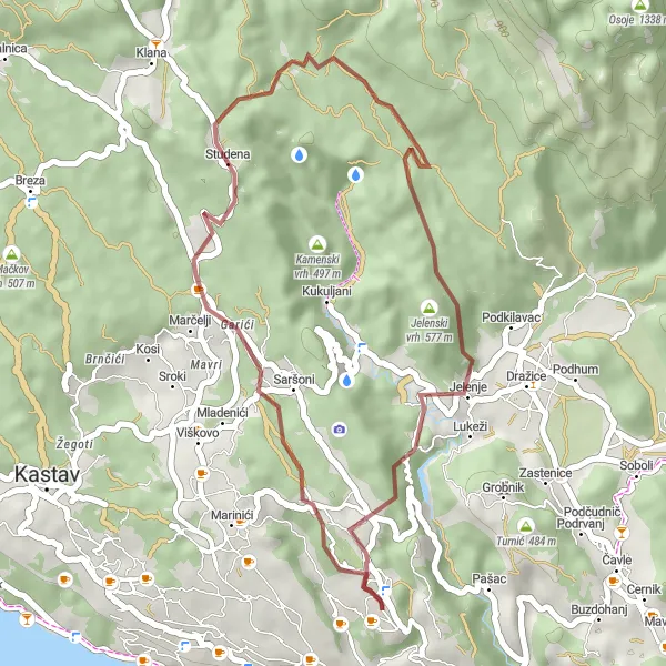 Map miniature of "Drenova - Lubarska - Jelenski vrh - Bojin - Kablarski breg - Drenova" cycling inspiration in Jadranska Hrvatska, Croatia. Generated by Tarmacs.app cycling route planner
