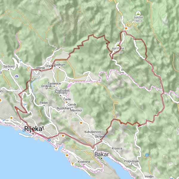 Map miniature of "Drenova - Dražice - Mišac - Kuk - Lisina - Gornje Jelenje - Sveti Kuzam - Solin - Škurinje" cycling inspiration in Jadranska Hrvatska, Croatia. Generated by Tarmacs.app cycling route planner