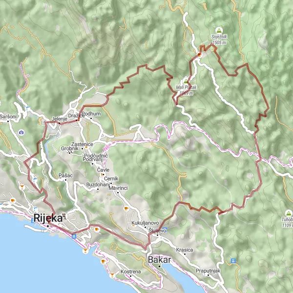 Map miniature of "Mountains and Forests Gravel Adventure" cycling inspiration in Jadranska Hrvatska, Croatia. Generated by Tarmacs.app cycling route planner