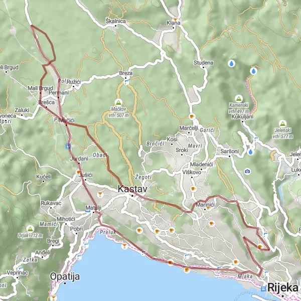 Map miniature of "Drenova - Vela straža - Vela rebra - Banderovo" cycling inspiration in Jadranska Hrvatska, Croatia. Generated by Tarmacs.app cycling route planner