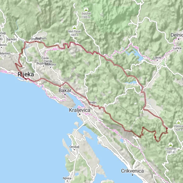 Map miniature of "Drenova - Dražice - Turćin - Fužine - Vranjak - Kačar - Kozak - Hreljin - Solin - Brajda-Dolac" cycling inspiration in Jadranska Hrvatska, Croatia. Generated by Tarmacs.app cycling route planner