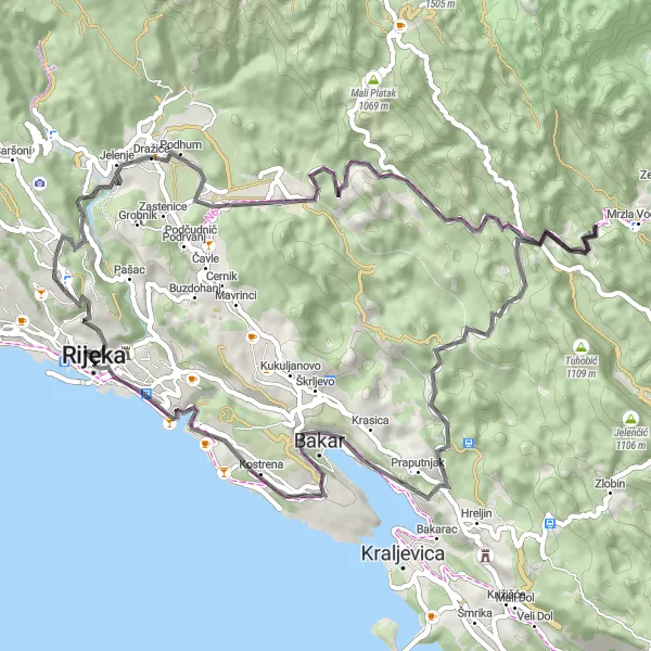 Map miniature of "Drenova to Kozala Loop" cycling inspiration in Jadranska Hrvatska, Croatia. Generated by Tarmacs.app cycling route planner