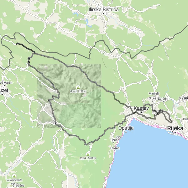 Map miniature of "Drenova to Vela Učka Challenge" cycling inspiration in Jadranska Hrvatska, Croatia. Generated by Tarmacs.app cycling route planner