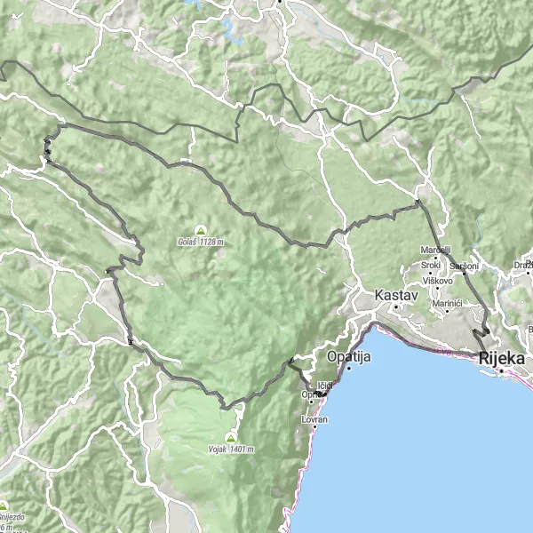 Map miniature of "Drenova - Opatija - Krog - Vela Učka - Dolenja Vas - Stražnica - Ugljenica - Mramor" cycling inspiration in Jadranska Hrvatska, Croatia. Generated by Tarmacs.app cycling route planner