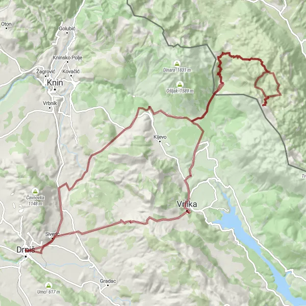 Map miniature of "Drniš Gravel Adventure" cycling inspiration in Jadranska Hrvatska, Croatia. Generated by Tarmacs.app cycling route planner
