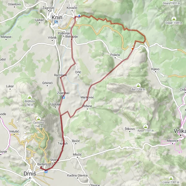 Map miniature of "Drniš Epic Gravel Climb" cycling inspiration in Jadranska Hrvatska, Croatia. Generated by Tarmacs.app cycling route planner