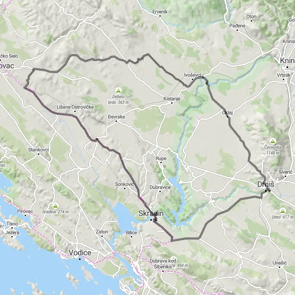 Map miniature of "Drniš Loop" cycling inspiration in Jadranska Hrvatska, Croatia. Generated by Tarmacs.app cycling route planner