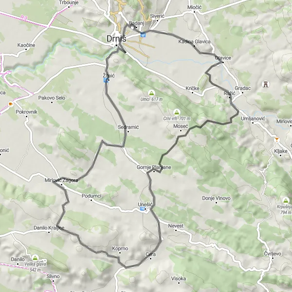 Map miniature of "Drniš - Cecela Cycling Route Road" cycling inspiration in Jadranska Hrvatska, Croatia. Generated by Tarmacs.app cycling route planner