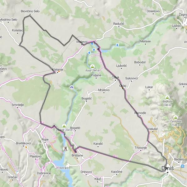 Map miniature of "Drniš-Roški slap Loop" cycling inspiration in Jadranska Hrvatska, Croatia. Generated by Tarmacs.app cycling route planner