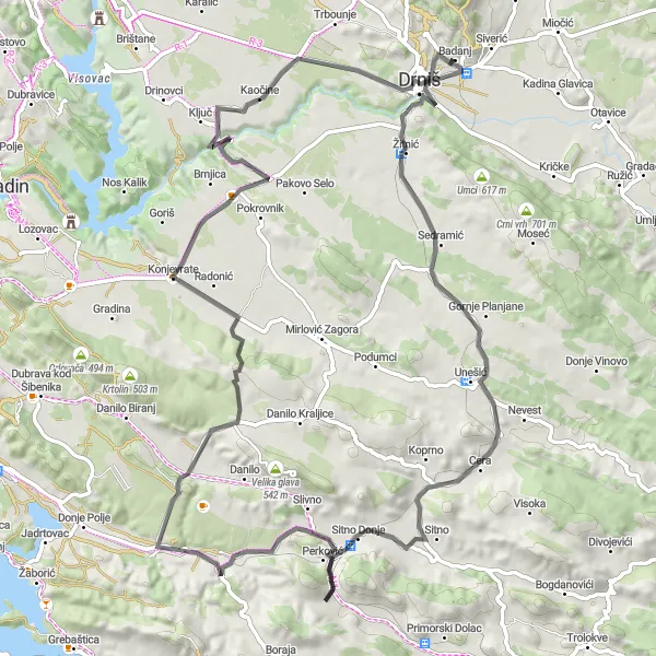 Map miniature of "Drniš and the Surrounding Beauty" cycling inspiration in Jadranska Hrvatska, Croatia. Generated by Tarmacs.app cycling route planner