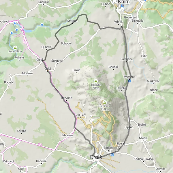Map miniature of "Drniš - Kalun Cycling Route Road" cycling inspiration in Jadranska Hrvatska, Croatia. Generated by Tarmacs.app cycling route planner