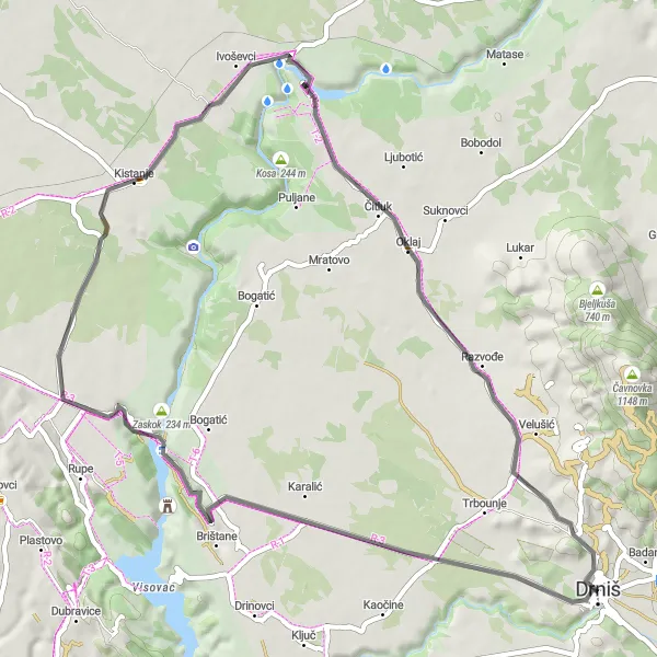 Map miniature of "Drniš - Roški Slap Loop" cycling inspiration in Jadranska Hrvatska, Croatia. Generated by Tarmacs.app cycling route planner