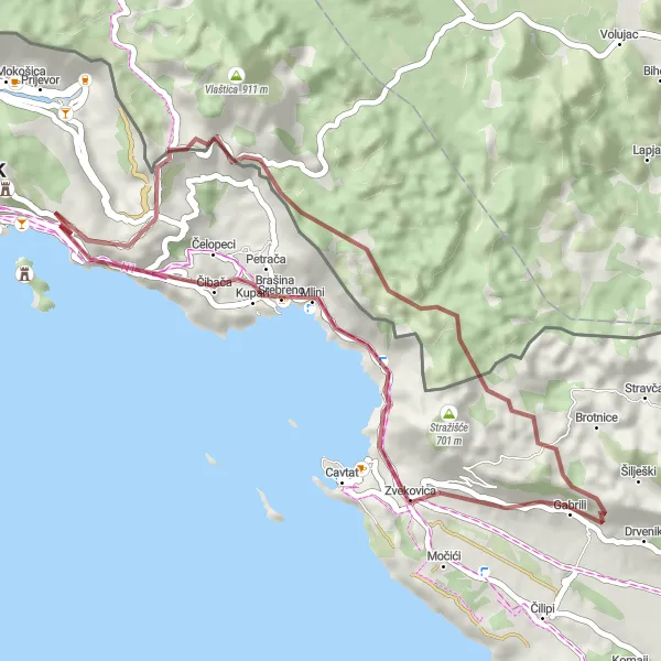 Map miniature of "Gravel Adventure to Brgat" cycling inspiration in Jadranska Hrvatska, Croatia. Generated by Tarmacs.app cycling route planner